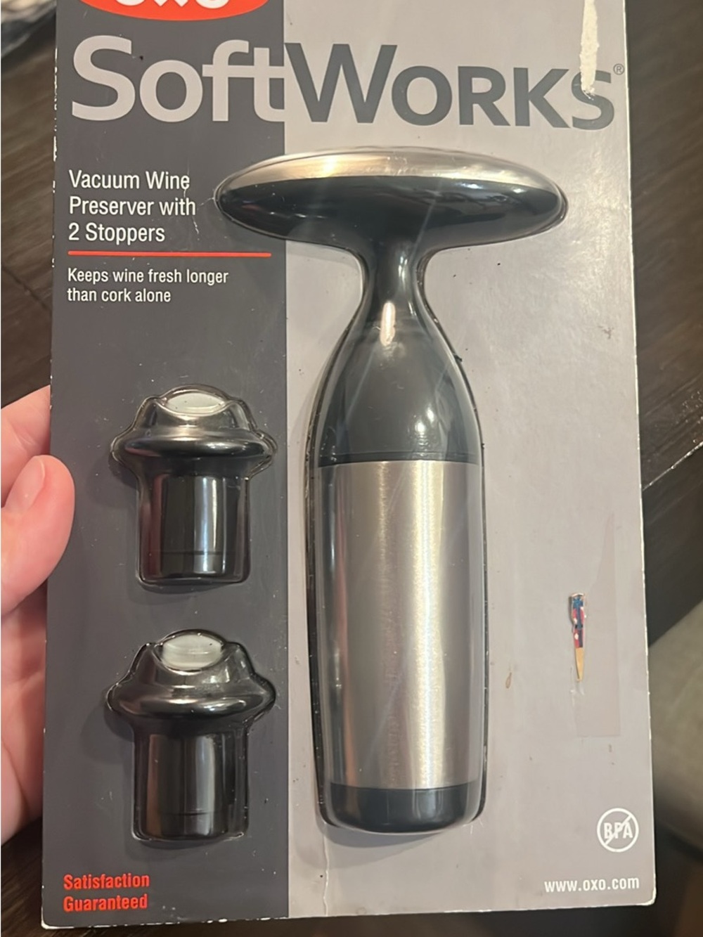 Oxo SoftWorks Silver and Black Vacuum Wine Preserver with Two Stoppers